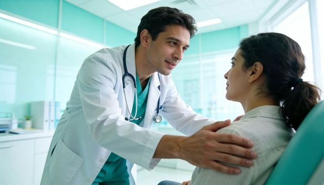 Male doctor offering reassurance and support to female patient during medical consultation