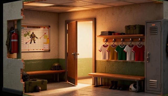 Open locker room door swinging, casting warm light on jerseys, whiteboard and gear
