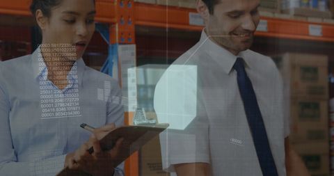 Warehouse Logistics Team Doing Inventory with Digital Data Overlay