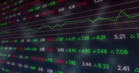 Financial data display with green rising graph and numbers