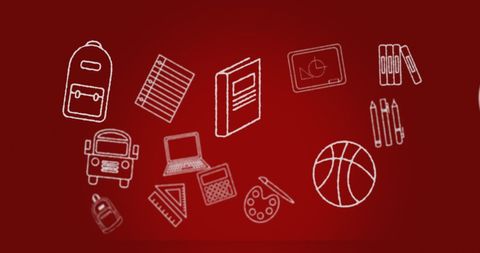 Digital school supplies on red background