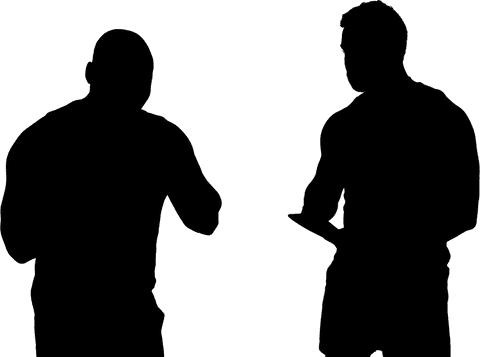 Silhouette of male boxer and coach training on transparent background