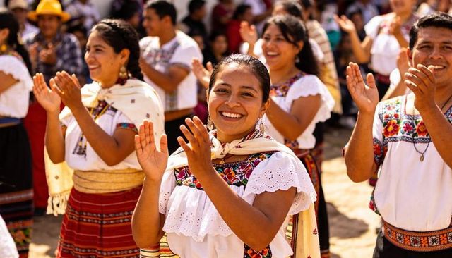 Smiling woman dancing in colorful embroidered traditional dress at outdoor festival