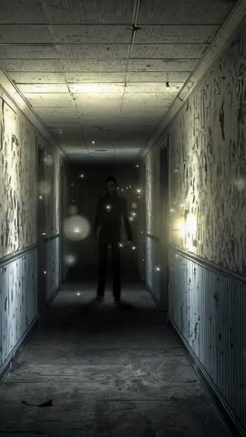 Flickering Bulb Revealing Shadowy Figure Stepping Through Decayed Hallway Vertical Horror