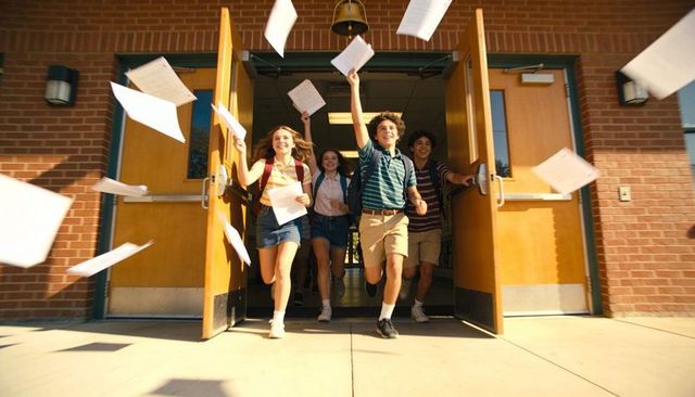 Teen students running out of school doors celebrating end of day with papers flying