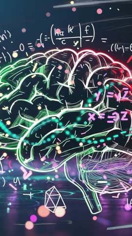 Pulsing neon brain visualizing equations and electric sparks in vertical science and tech video