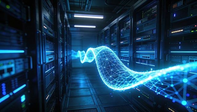 Glowing Blue Data Wave Streaming Through Server Rack Aisle Representing Network Flow