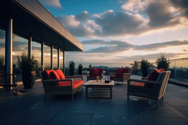 Modern rooftop patio featuring red-cushioned wicker furniture at sunset. Sleek glass railings provide a view of the cityscape, creating an inviting atmosphere for leisure and relaxation. Ideal for promoting urban living, luxury apartments, architecture, and stylish outdoor spaces.