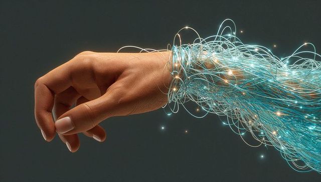 Futuristic hand interfacing with luminous fiber optic filaments and neon blue-green sparks