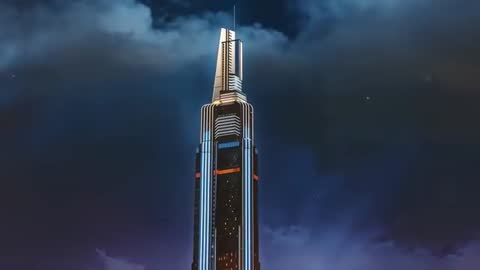 Panning Camera Revealing Futuristic Skyscraper Spire with Pulsing Blue and Orange Lights
