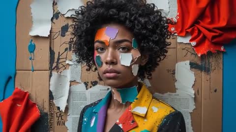 Model in Vibrant Collage Jacket Amid Abstract Studio Art