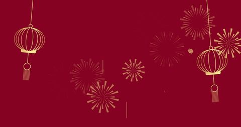 Chinese New Year Celebration with Lanterns and Fireworks on Red Background