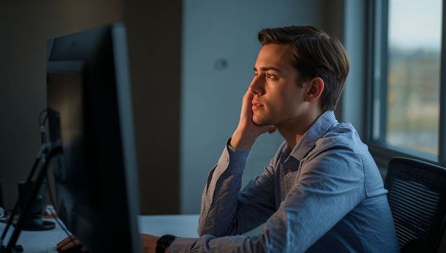 Young Man Contemplating While Working at Desktop in Modern Office with Warm Window Light