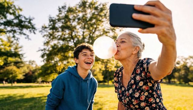 Grandmother blowing bubblegum while taking selfie with laughing grandson in sunlit park