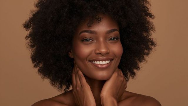 Radiant natural beauty portrait smiling woman with afro hair bare shoulders neutral tan backdrop