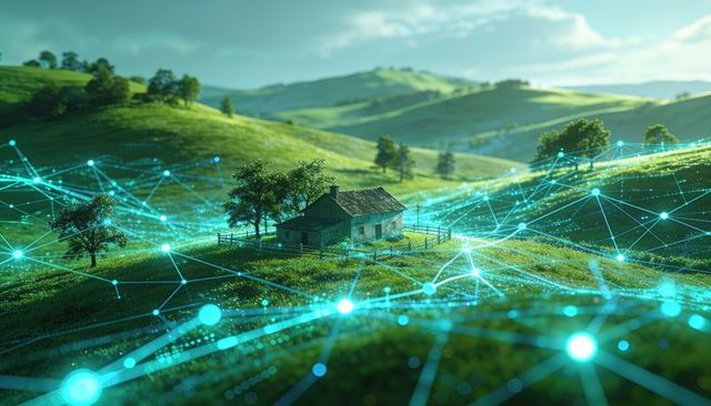 Farmhouse sitting within glowing digital network on rolling green hills and pastoral light