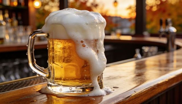 Foaming beer mug cascading foam on wooden bar during sunset warm amber ale atmosphere