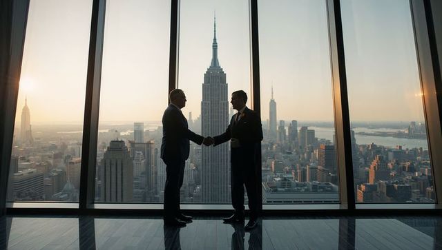 Silhouetted executives shaking hands against new york skyline at golden hour closing corporate deal