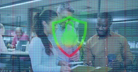 Commuters riding subway using smartphones with glowing digital shield and padlock overlay