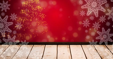 Sparkling Christmas Tree with Snowflakes on Red Background