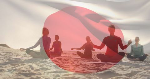 Group Yoga on Beach with Japanese Flag Overlay