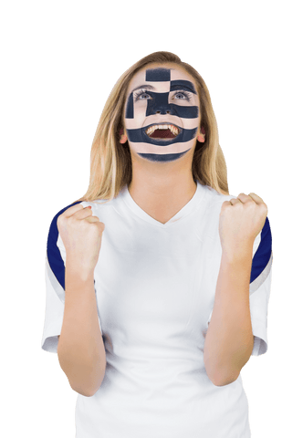 Transparent Excited Female Fan Cheering with Greek Face Paint