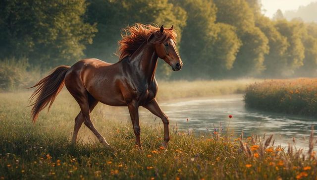Dynamic Chestnut Horse Galloping in Riverside Meadow