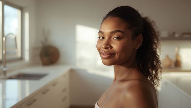Curly-ponytail woman smiling in modern sunlit minimalist kitchen wearing strapless top