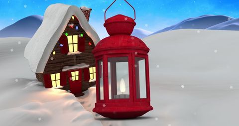Cozy Winter Scene with Snowy Cottage and Red Lantern - Download Free Stock Images Pikwizard.com