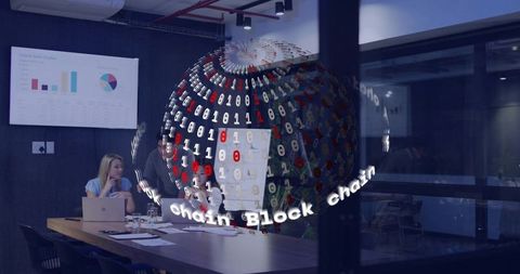 Business team discussing blockchain hologram globe and data analytics in conference room