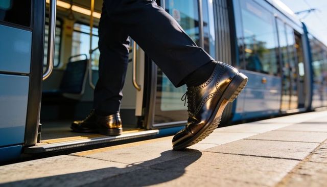 Commuter boarding tram wearing polished leather brogues and tailored suit