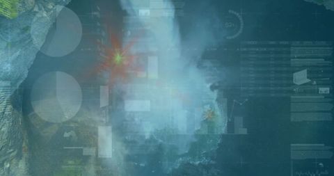 Aerial view of ocean surf with digital overlay and analytics