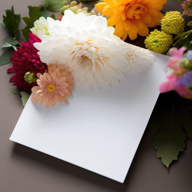 White card with copy space and flowers, created using generative ai technology. Mothers day card and spring concept digitally generated image.