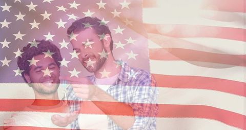 Happy Same-Sex Couple Celebrating New Home with American Flag Overlay - Download Free Stock Images Pikwizard.com