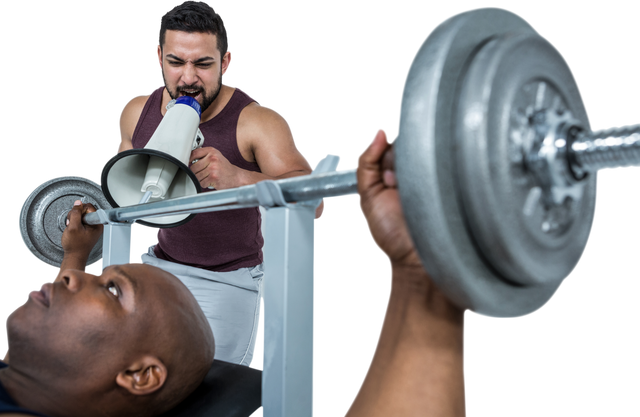 Trainer Encourages Muscular Man Lifting Barbell with Megaphone Transparent - Download Free Stock Videos Pikwizard.com