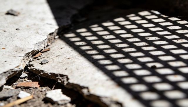 Cracked concrete slab revealing jagged fissure with metal grate shadow and gritty rubble