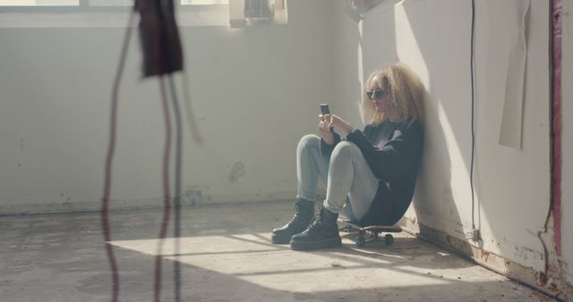 Young woman with curly hair sits alone on floor in light-filled abandoned room using smartphone. This can be used for illustrating themes such as solitude, isolation, technology, urban exploration, or adolescence.