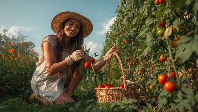 Smiling young gardener harvesting ripe red tomatoes into wicker basket during golden hour