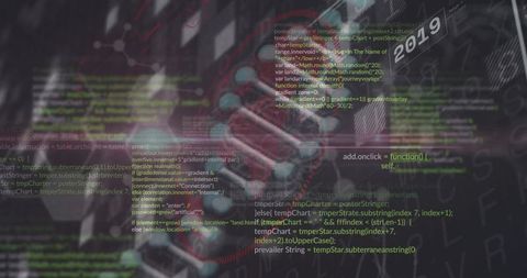 Futuristic DNA Helix Overlay with Digital Code Interface