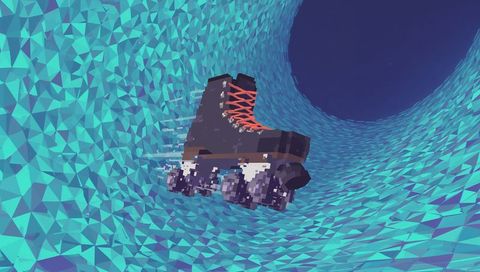 Floating high-top roller skate spinning inside teal low-poly vortex with orange laces