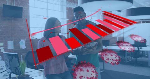 Coworkers analyzing rising data trend with red bar chart and virus overlays in office