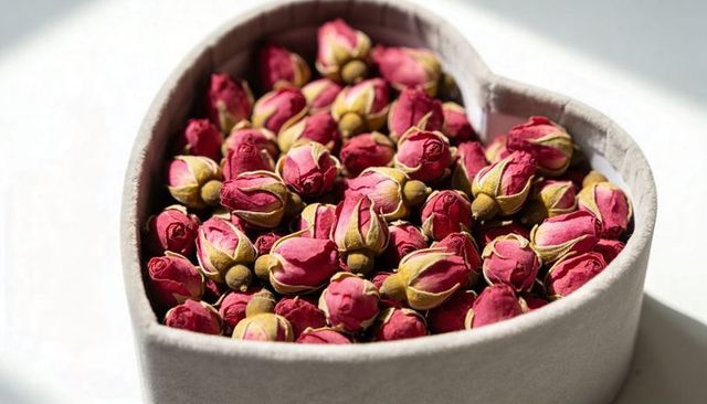 Heart-shaped box filled with dried pink rosebuds for romantic home decor and wedding favor