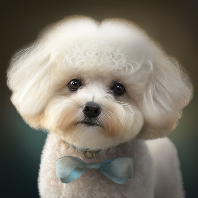 A fluffy white poodle wears a blue bow tie, looking adorable. Its groomed fur and attentive gaze give it a charming, well-cared-for appearance.