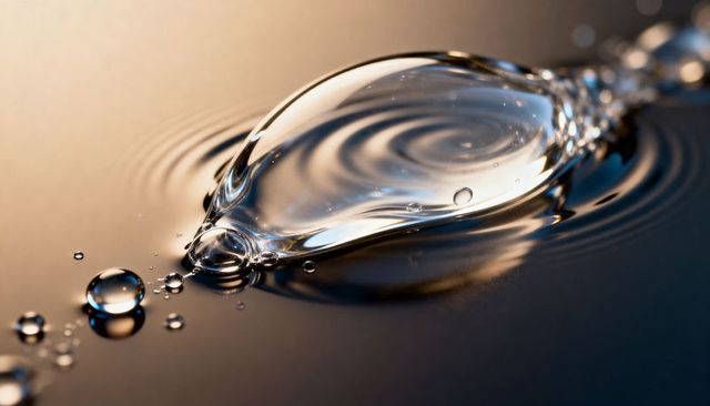 Glowing elongated water droplet creating concentric ripples on glossy dark surface