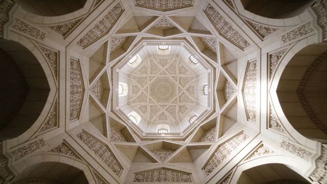 Ornate octagonal dome showing geometric ribs, vaulted arches and carved arabesque panels