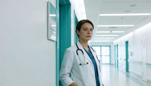 Female doctor standing in hospital corridor wearing white coat and teal scrubs