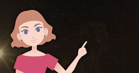 Young Girl Hologram Pointing Against Swirling Starry Background