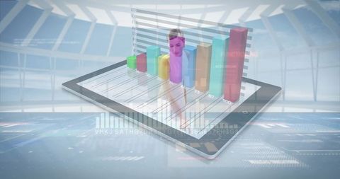 Futuristic data analytics and visualization interface on tablet