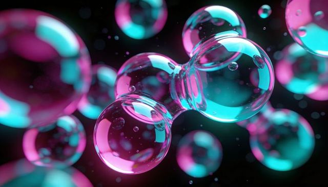 Neon cyan and magenta bubbles forming fused molecular orbs glowing in iridescent abstract