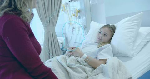 Child Receiving Comforting Bedside Support from Parent in Hospital with Digital Care Overlay